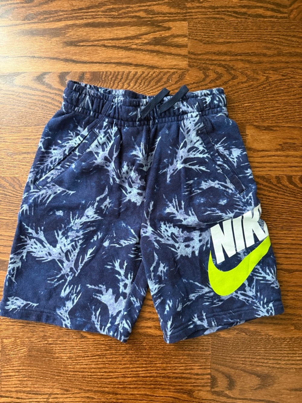 Nike Navy Tie-Dye Shorts with Bright Yellow Swoosh